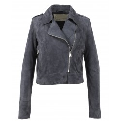 ZULINA (REF. 63637) PETROLE - BLOUSON BIKER COURT CUIR VERITABLE CHEVRE VELOURS