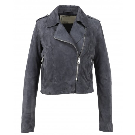 ZULINA (REF. 63637) PETROL BLUE - GENUINE GOAT SUEDE CROPPED BIKER JACKET