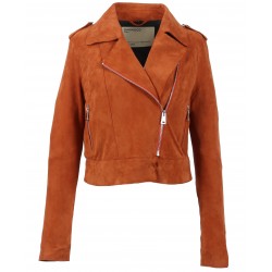 ZULINA (REF. 63637) ORANGE- BLOUSON BIKER COURT CUIR VERITABLE CHEVRE VELOURS