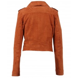 ZULINA (REF. 63637) ORANGE- BLOUSON BIKER COURT CUIR VERITABLE CHEVRE VELOURS