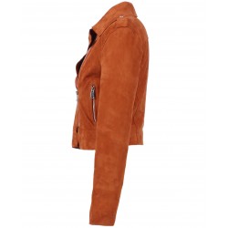 ZULINA (REF. 63637) ORANGE- BLOUSON BIKER COURT CUIR VERITABLE CHEVRE VELOURS