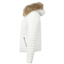 white hooded fur jacket