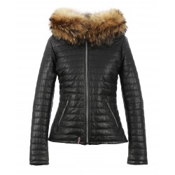 HAPPY (REF. 61677) BLACK - REAL FUR HOODED GENUINE LEATHER JACKET