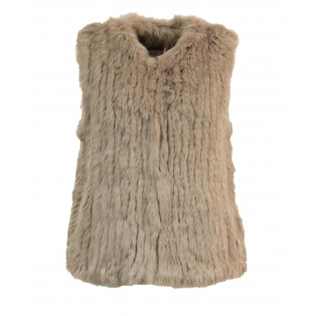 GILET FEMME SANS MANCHES COURT EN FOURRURE DE LAPIN SANS COL COULEUR MARRON  CLAIR