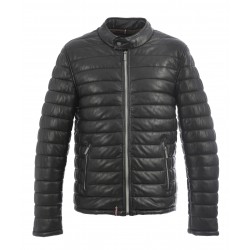 JULIEN (REF. 64027) BLACK - GENUINE LEATHER DOWN JACKET WITH PRESS BUTTONED MANDARIN COLLAR