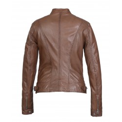 KARINE (REF. 64062) TABACCO - BLOUSON A COL MAO EN CUIR VÉRITABLE