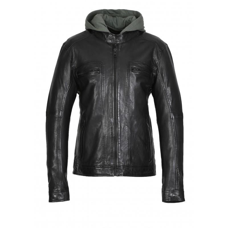 KINGSLEY REF. 64439 BLACK GENUINE LEATHER JACKET WITH WASHED EFFECTS REMOVABLE HOOD