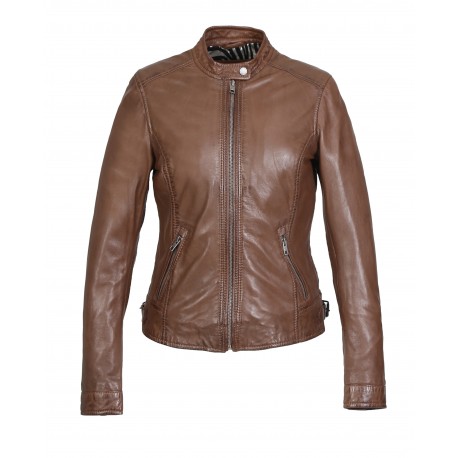 KARINE (REF. 64062) TABACCO - BLOUSON A COL MAO EN CUIR VÉRITABLE KARINE (REF. 64062) TABACCO - BLOUSON A COL MAO EN CUIR VÉRITABLE