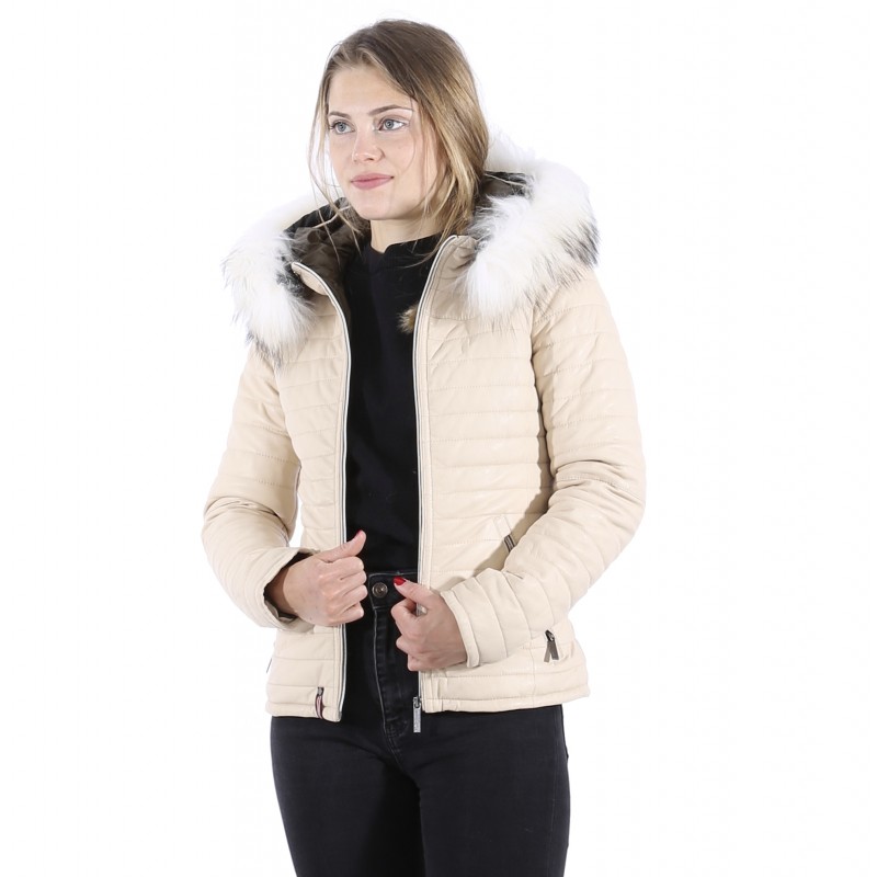 Happy Ref 61677 Ivory Real Fur Hooded Genuine Leather