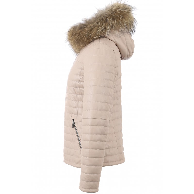 Happy Ref 61677 Light Pink Real Fur Hooded Genuine Leather