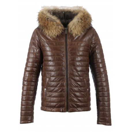 Aurelien Ref 63109 Cognac Two Tone Genuine Leather Down Jacket With Real Fur Hood Trim Oakwood The Brand 100 Lambskin Leather Fur Genuine Jacket With Hood Removable Real T Navy European