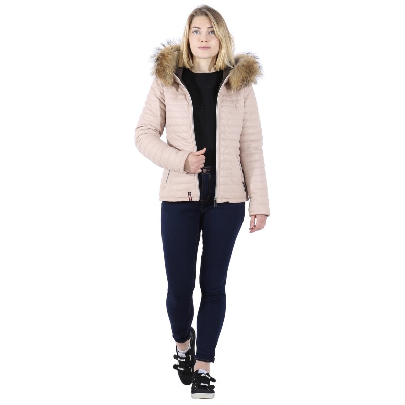 Happy Ref 61677 Light Pink Real Fur Hooded Genuine Leather