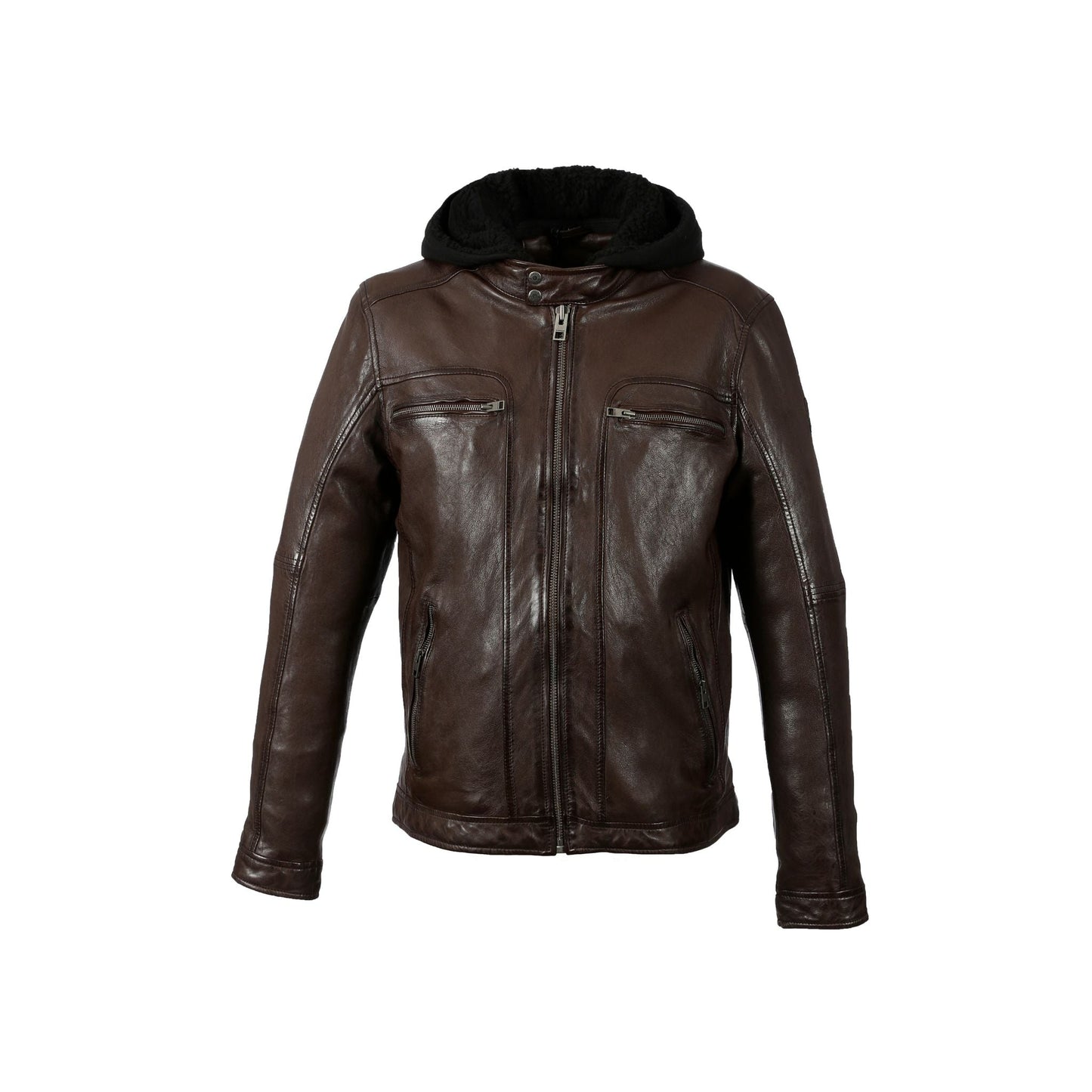 DRINK (REF. 63036) CHOCOLAT- BLOUSON EN CUIR VÉRITABLE À CAPUCHE AMOVIBLE OAKWOOD