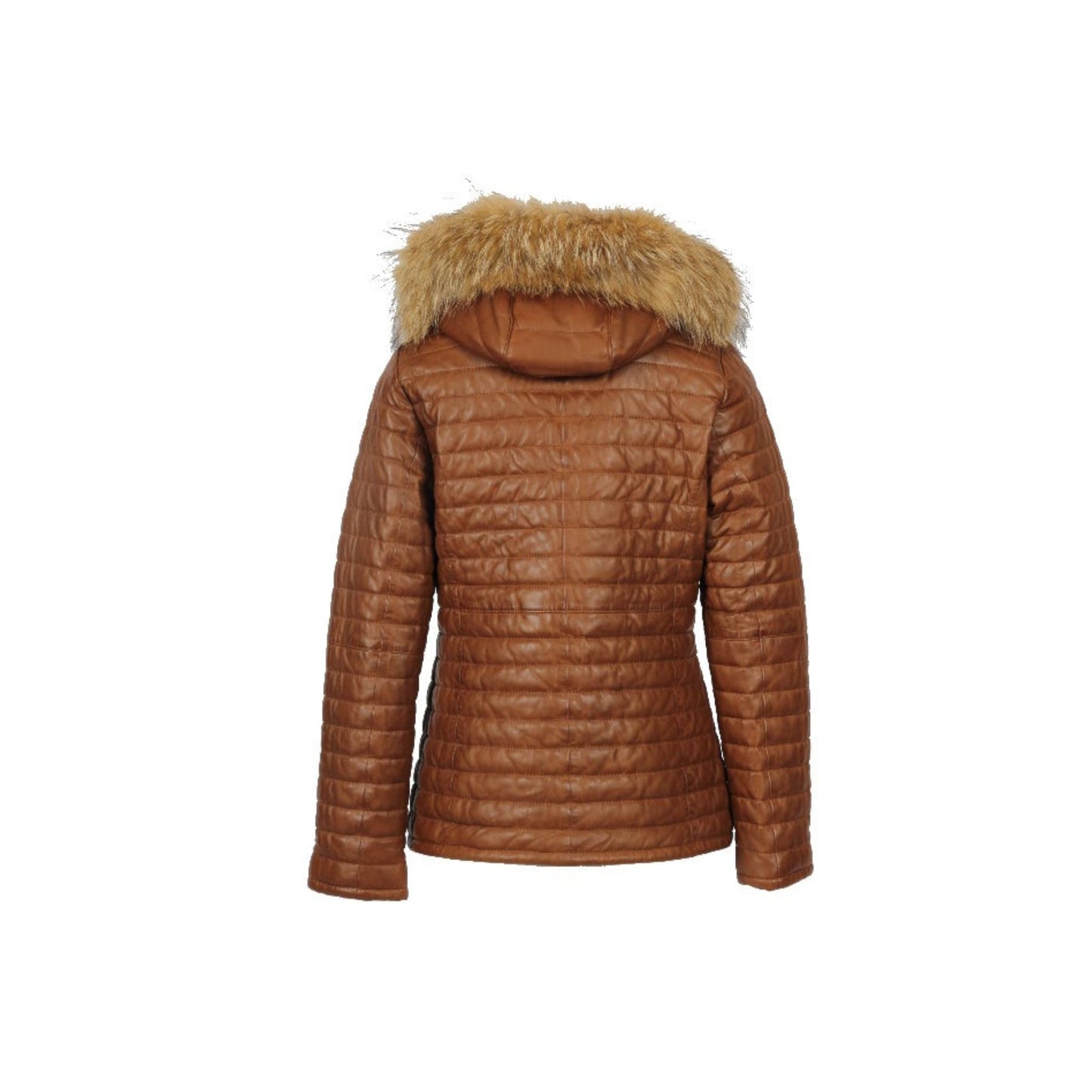 MANDY (REF. 64911) COGNAC - DOUDOUNE EN CUIR VÉRITABLE  À CAPUCHE & FOURRURE OAKWOOD