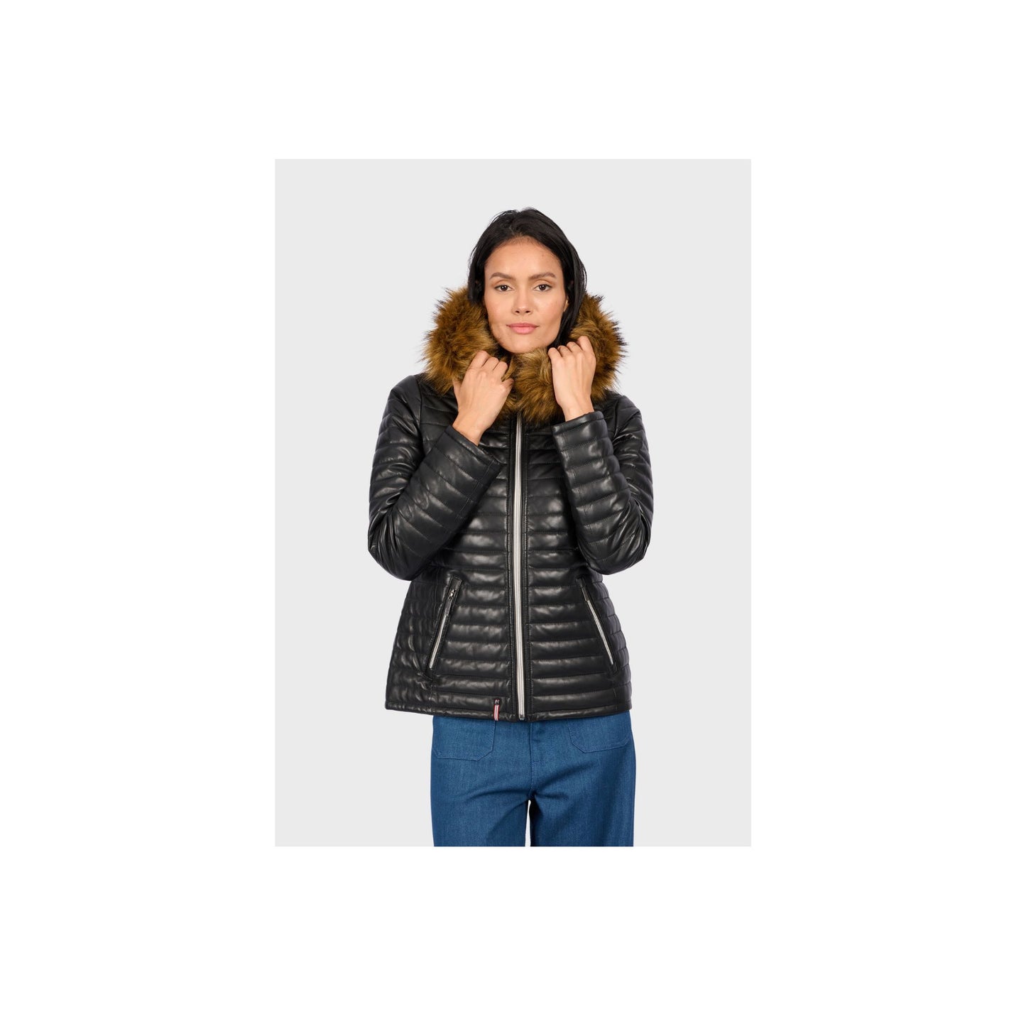 MANDY (REF. 64911) NOIR - DOUDOUNE EN CUIR VÉRITABLE  À CAPUCHE & FOURRURE OAKWOOD