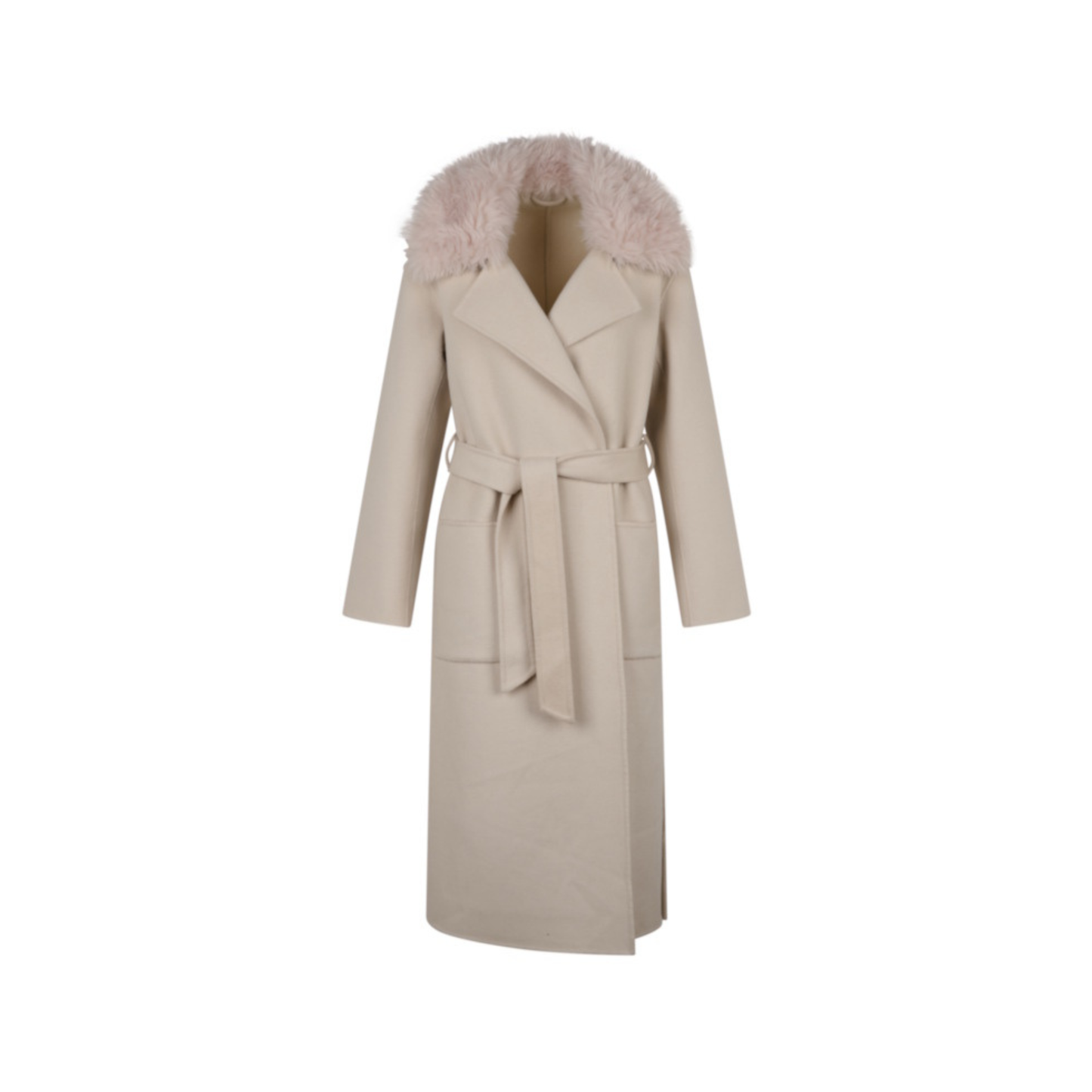 ALLEGORIA FUR (REF. 65000) BEIGE CLAIR - MANTEAU EN LAINE  AVEC CEINTURE ET COL FOURRURE OAKWOOD