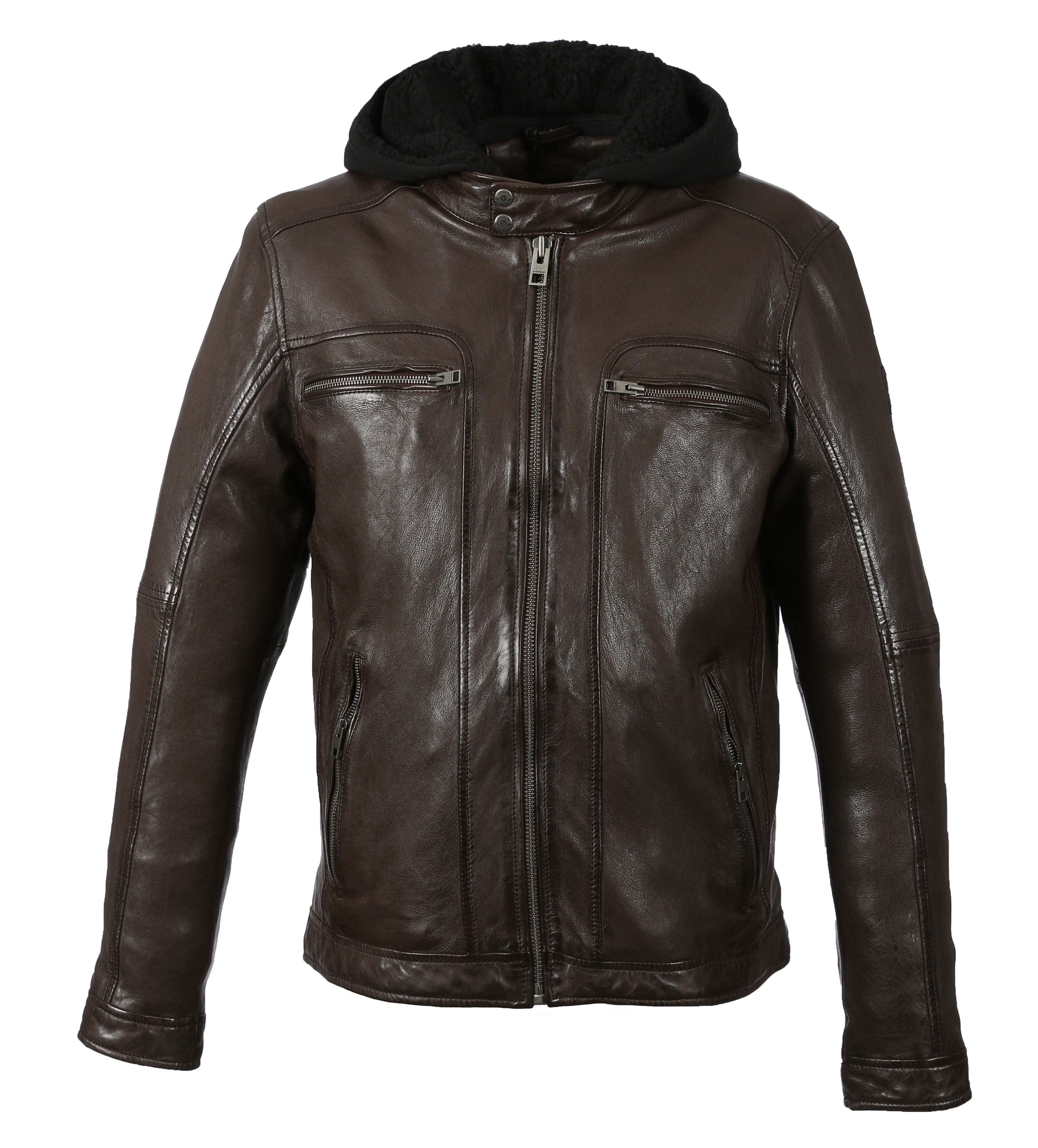 DRINK REF. 63036 NOIR BLOUSON EN CUIR VERITABLE A CAPUCHE AMOVIBLE
